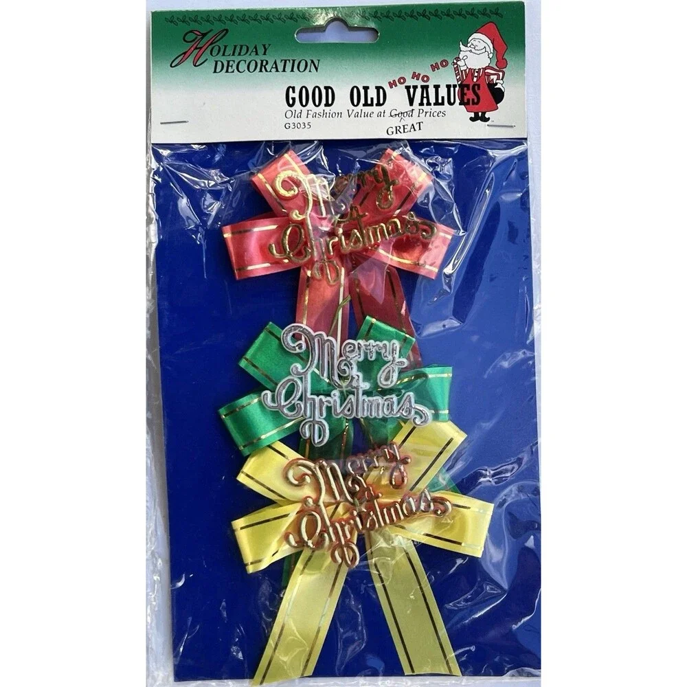 1970s Vintage Holiday Decoration Merry Christmas Bows, New Old Stock